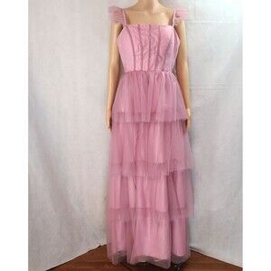 New Prom Dress (8) Dusty Rose A-Line Tulle Tiered Layered Long Dress with Slit